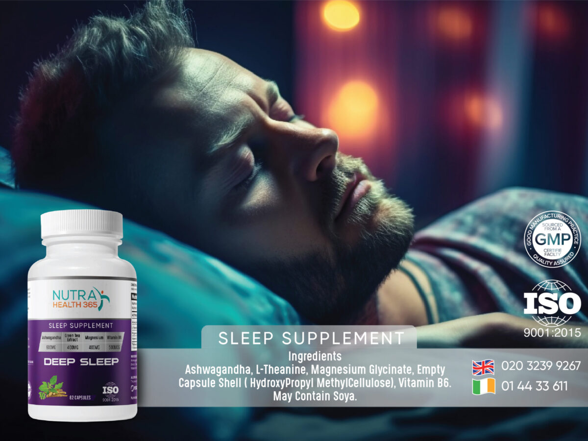 An image of a man sleeping incorporating a bottle of Deep Sleep supplement
