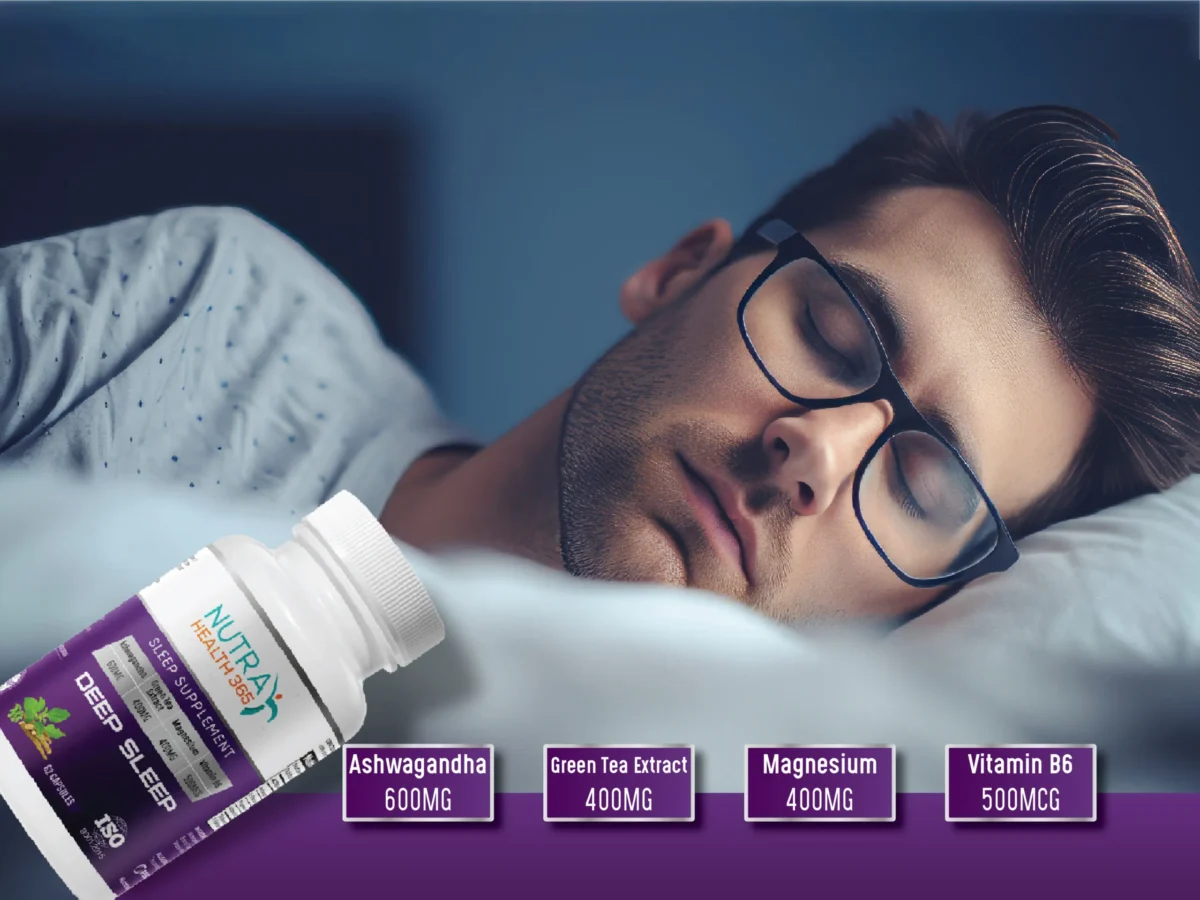 An image of a man sleeping incorporating a bottle of Deep Sleep supplement