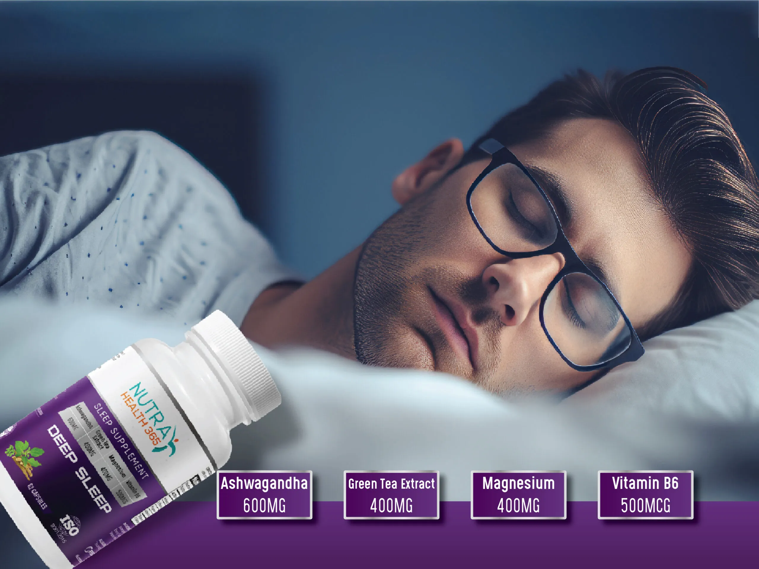 An image of a man sleeping incorporating a bottle of Deep Sleep supplement