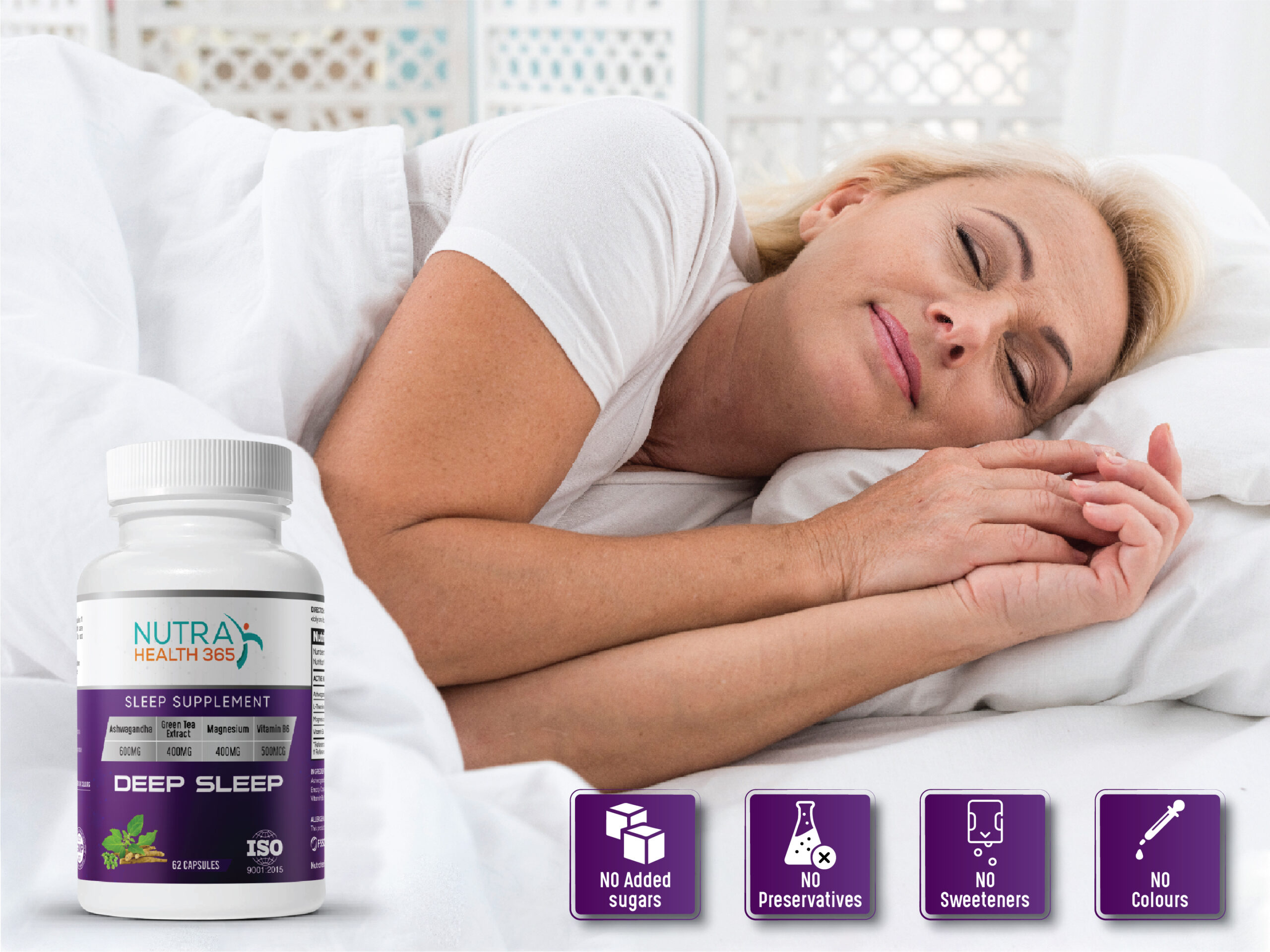 An image of a woman sleeping incorporating a bottle of Deep Sleep supplement